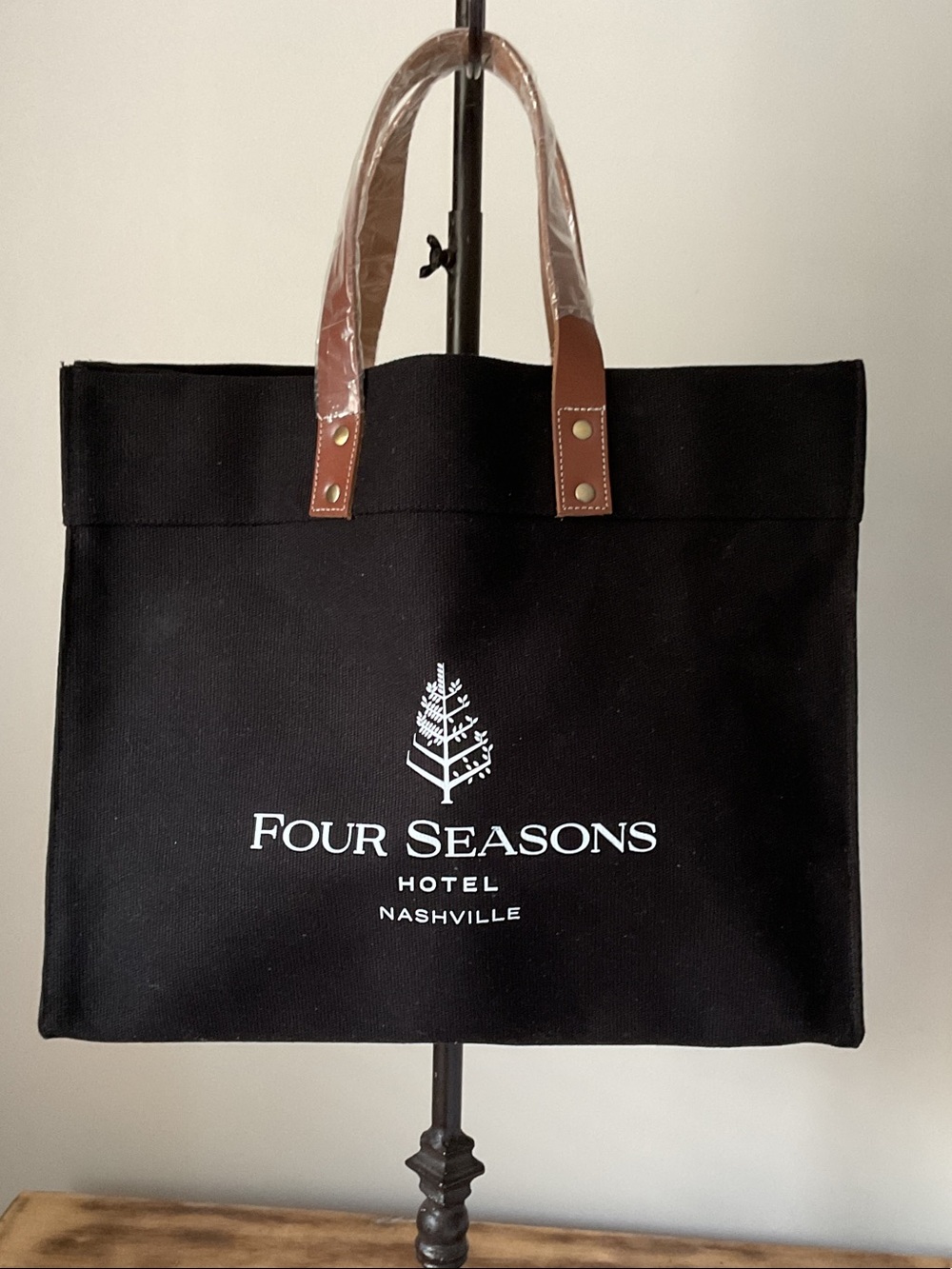 NWT Four Seasons Nashville Black Canvas Tote Bag with Brown Leather Handles